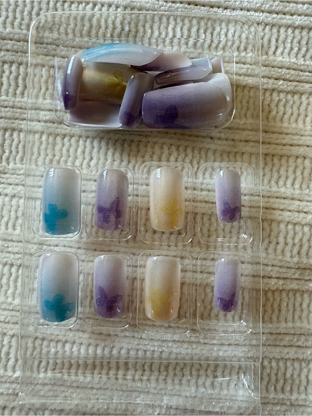3D Butterfly Press-On Nails Set with Blue, Purple, and Yellow Butterflies